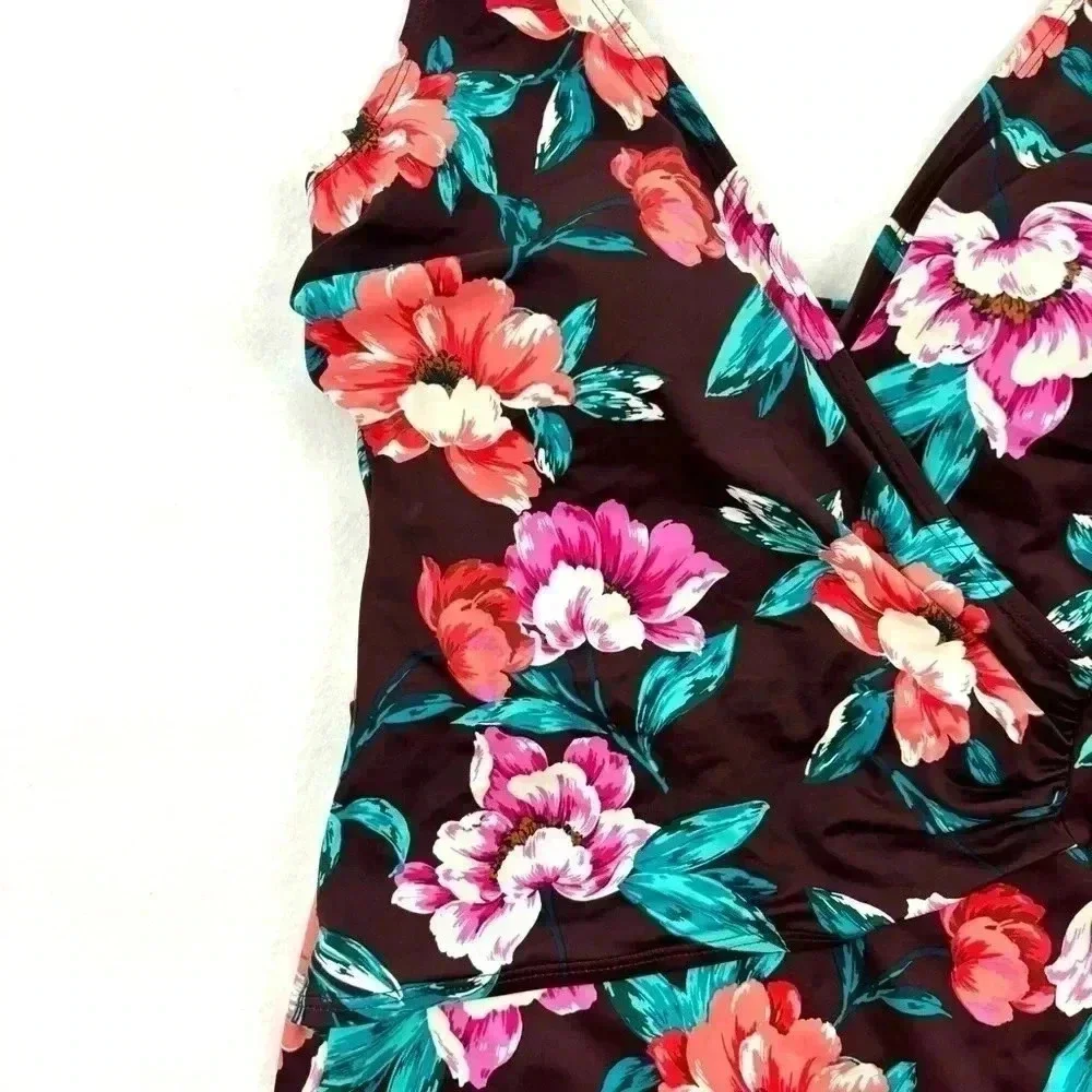 Embrace Your Curves Maroon Floral V-Neck Plunge Spaghetti Strap One Piece Size M